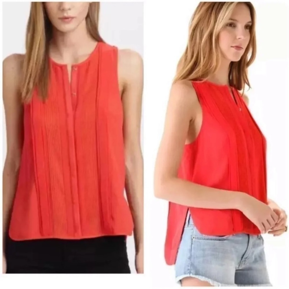 DVF Diane Von Furstenberg Red Orange Plunge V-Neck Ruched Sleeveless Top Size 2